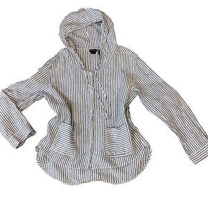 Tahari 100% Linen Button Up Hooded Overshirt Top Sz M Blue & White 290E